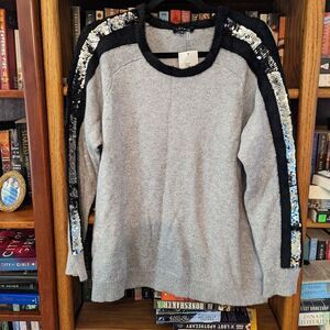 1 State grey crew neck sweater black fuzzy piping sequin stripe down arm nwt 1x